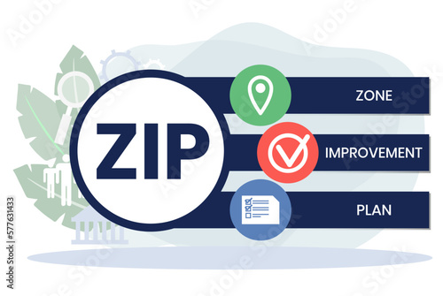 ZIP - Zone Improvement Plan the acronym to indicate that mail travels more quickly when senders mark the postal code on their packages and envelopes, text concept background