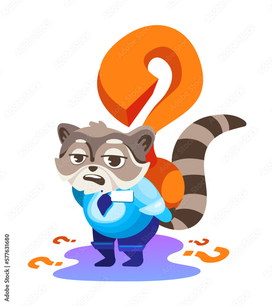 Vector sticker manager raccoon carries a load of questions and tasks. Illustration in cartoon style. Vector sticker manager raccoon carries a load of questions and tasks. Illustration in cartoon style.