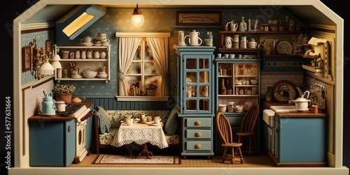 elaborate miniature dollhouse complete with tiny furniture appliances and decorations, concept of Crafts and Dollhouse Collecting, created with Generative AI technology