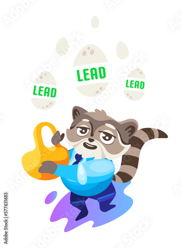 Vector sticker manager raccoon catches eggs with the inscription LEAD. Illustration in cartoon style.