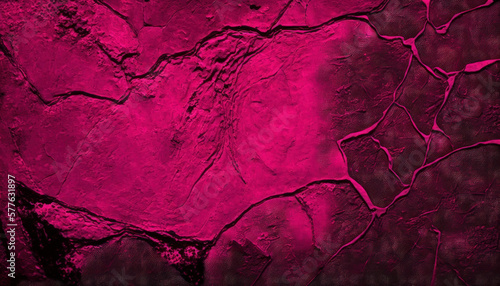 Black red rough surface. Toned old concrete wall. Viva magenta color. Trend 2023. Close-up. Grunge background for design. Distressed, cracked, broken, crumbled, damaged, dilapidated. Backdrop.