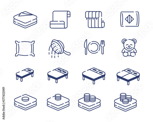 Set of vector outline web icons for hotel. Bedding set, shower, children's room, restaurant, different bed sizes, etc.