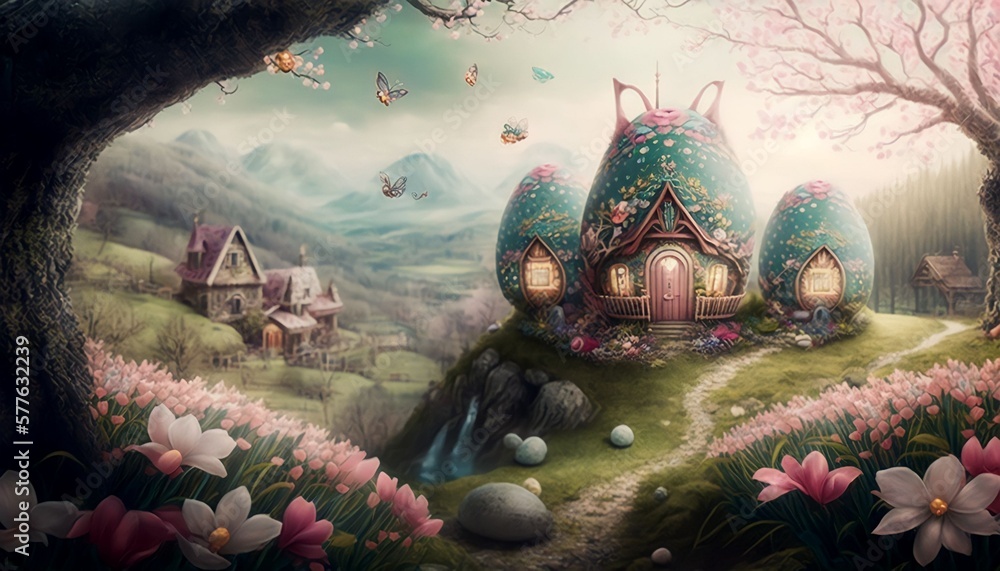 Fototapeta premium view of a delightful valley with cute fairytale easter cottages, Generative AI