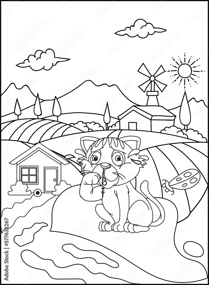 Naklejka premium Cute cat outline coloring page for kids line drawing animal coloring book cartoon vector illustration isolated on white doodle background