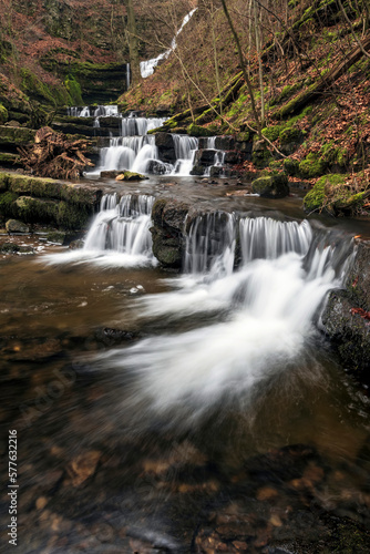 Beautiful calm landscape image of Scaleber Force waterfall in Yorkshire Dales in England during Winter morning