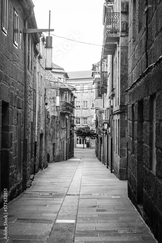 PONTEVEDRA  SPAIN - JULY 7  2022  One of the streets of the historic cacco of the city  with granite flooring  typical of some Galician cities.