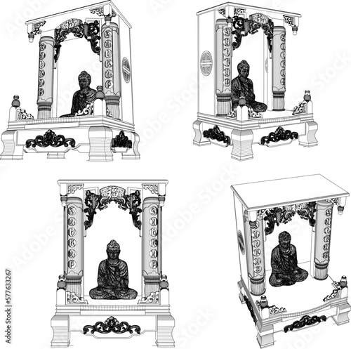 Vector illustration sketch of classic wooden worship altar with buddha