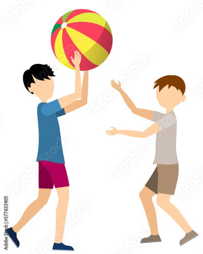 Two boys are playing with an inflatable ball. Vector illustration in a flat style