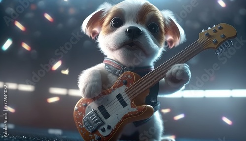Cute little dog playing the guitar at a concert. Created with Generative AI. photo