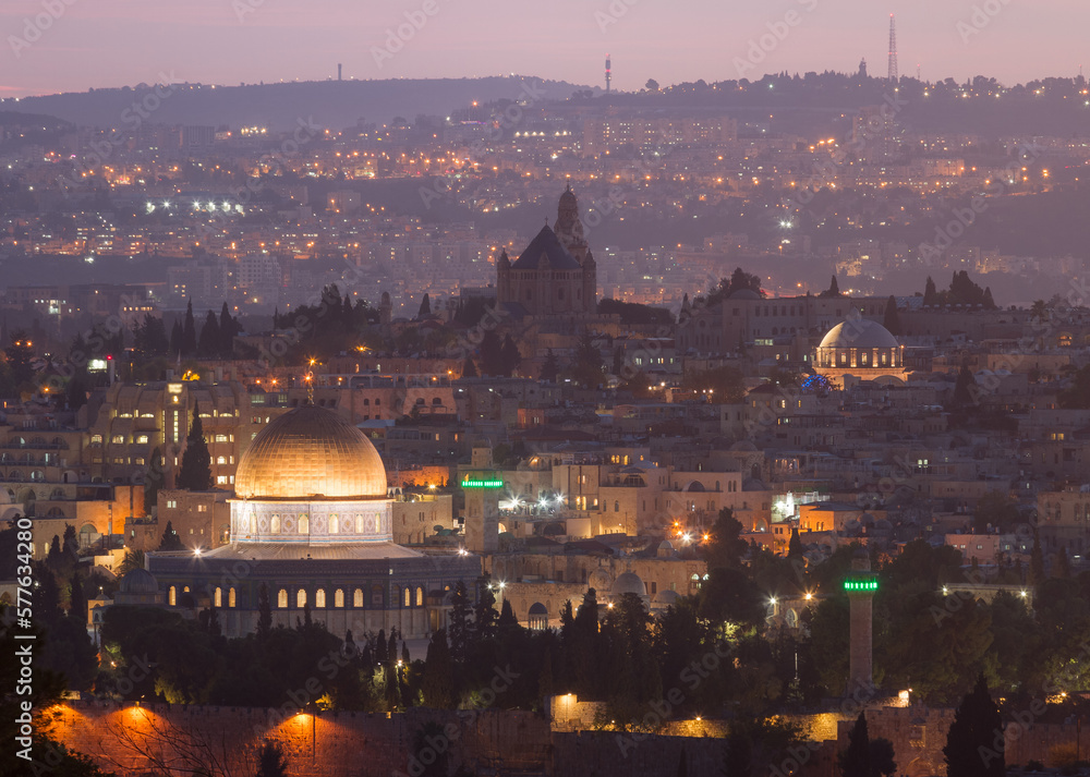 Jerusalem Old City night view: Dome of the Rock mosque, Abbey of the Dormition and Hurva Synagogue