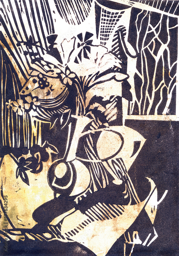 Graphic still life with flowers in vase. Abstract still life. Print texture. Still life linocut. Graphic still life with flowers in vase. Abstract still life. Print texture. Still life linocut.
