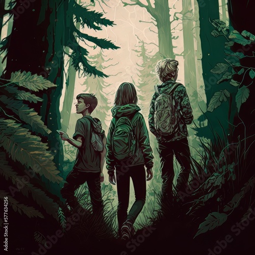 Three Kids in the Forest doing Adventure