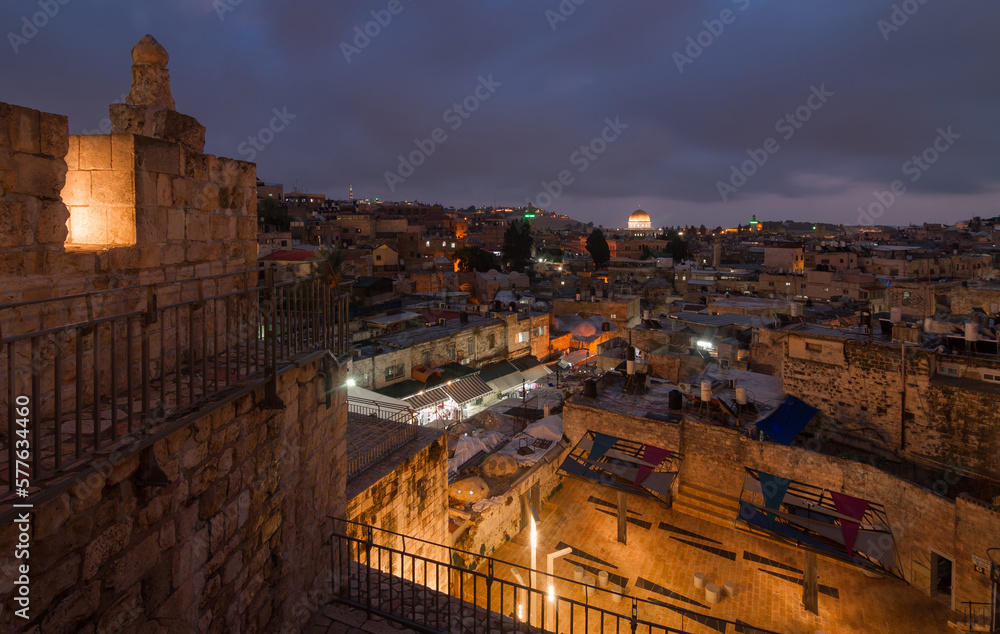 Jerusalem Old City night panorama from Damascus gate