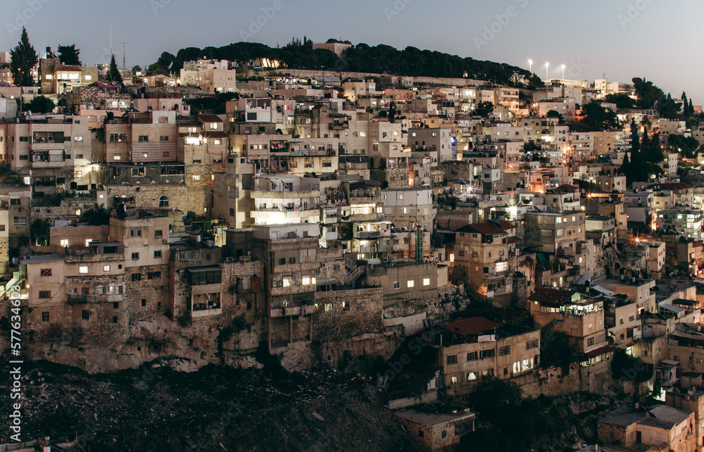 Arab neighborhoods in Jerusalem at night. Gehenna valley