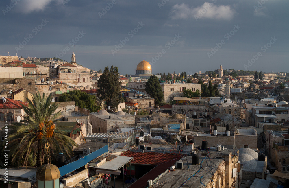 Jerusalem Old City panorama, top view, mosque Dome of the Rock, arab neighbourhoods