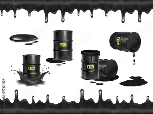 3d realistic vector icon illustartion. Hazard barrel in black oil splash, liquid splash and drops. Isolated on white background.