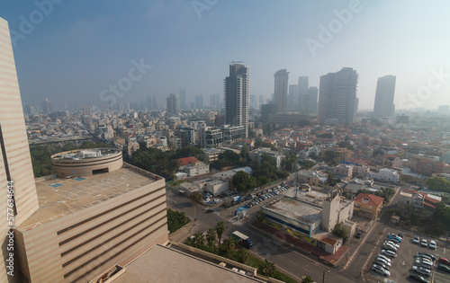 Tel Aviv in fog aerial panorama