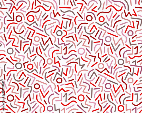 Abstract drawing of geometric shapes in red tones on a white background hand-drawn seamless drawing.