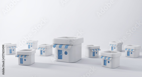 Franchise business growth concept, Franchise shop on white background, Business startup, Franchise business marketing system concept, 3d render.