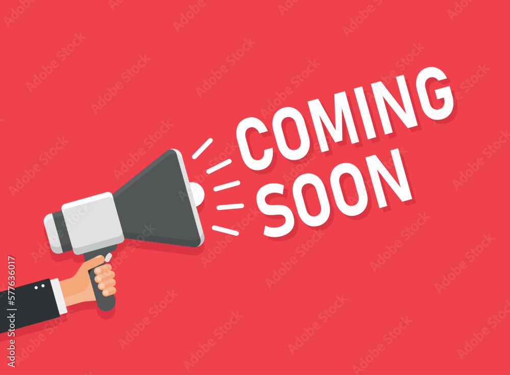 Coming soon banner icon in flat style. Promotion label vector illustration on isolated background. Open poster sign business concept.