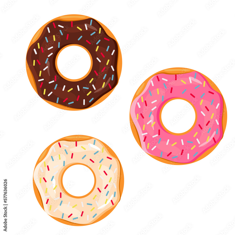 Fototapeta premium Vector cartoon set of sweet flour bakery products. Donuts. Juicy elements of delicious food for your design. Eps 10.
