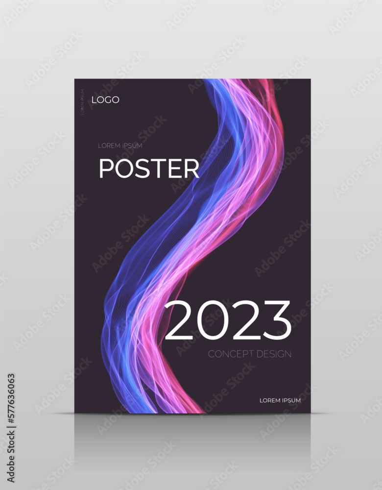 Naklejka premium Cover wave design. Flyer motion style. Flow curve line element. Neon gradient wavy illiustration.