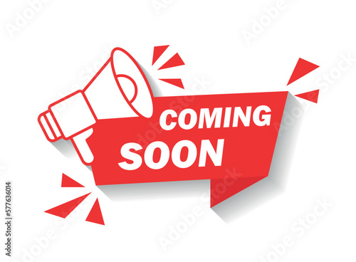 Coming soon banner icon in flat style. Promotion label vector illustration on isolated background. Open poster sign business concept.