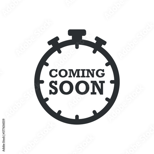 Coming soon banner icon in flat style. Promotion label vector illustration on isolated background. Open poster sign business concept.