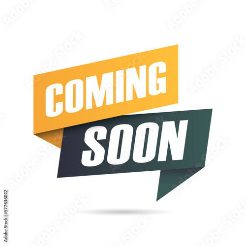 Coming soon banner icon in flat style. Promotion label vector illustration on isolated background. Open poster sign business concept. photo