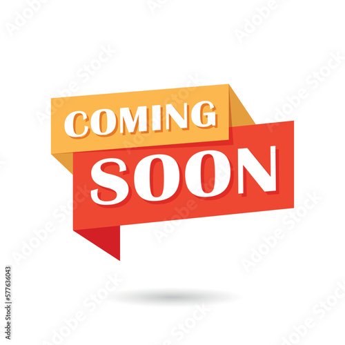 Coming soon banner icon in flat style. Promotion label vector illustration on isolated background. Open poster sign business concept.