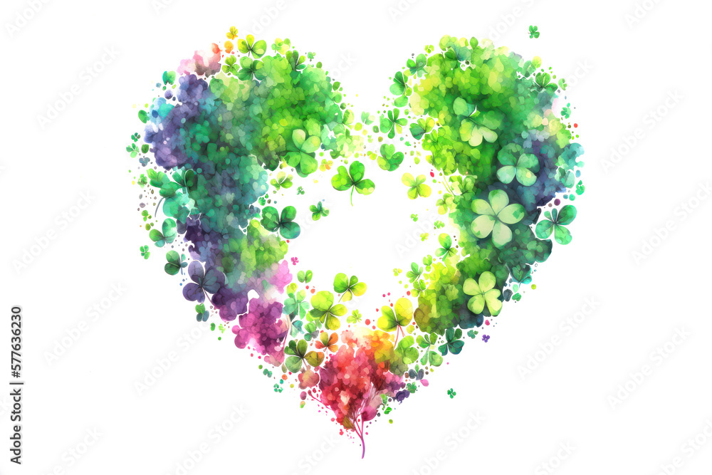 Abstract watercolor heart made of leaves and spring flowers. Digital painting over generative ai.