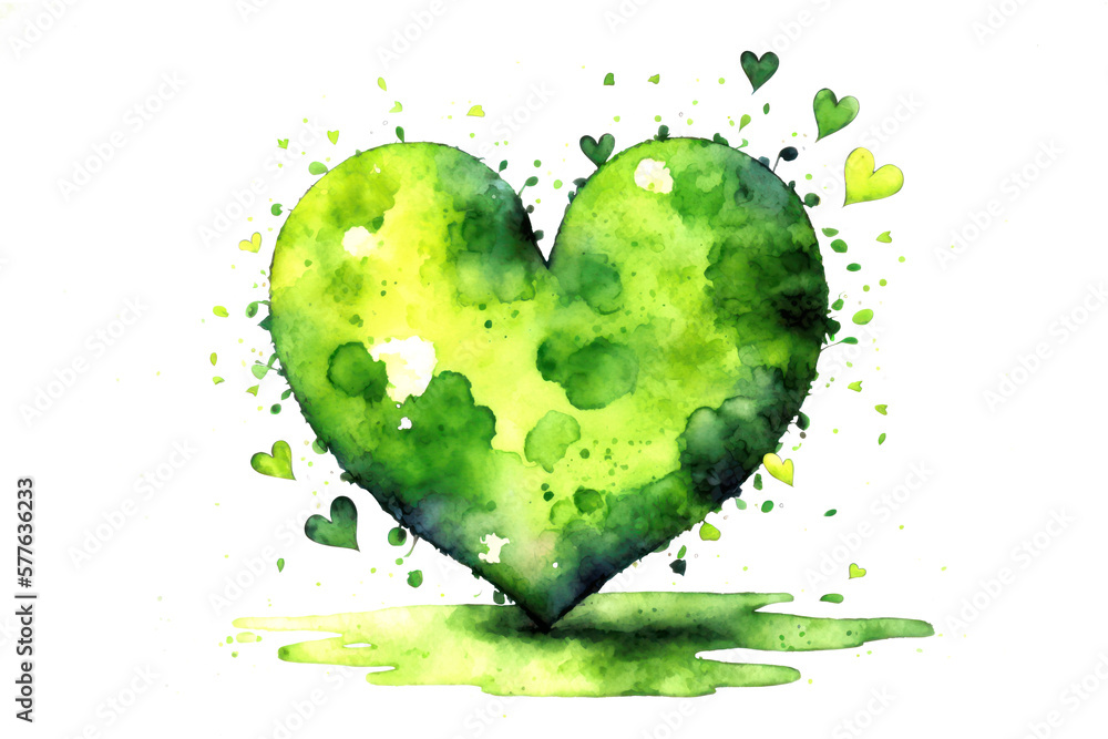 Green watercolor heart, symbol of spring and love of nature. Digital painting over generative ai.