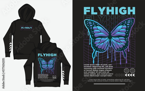 Hoodies with Vaporwave Streetwear Design, Flyhigh Butterfly
