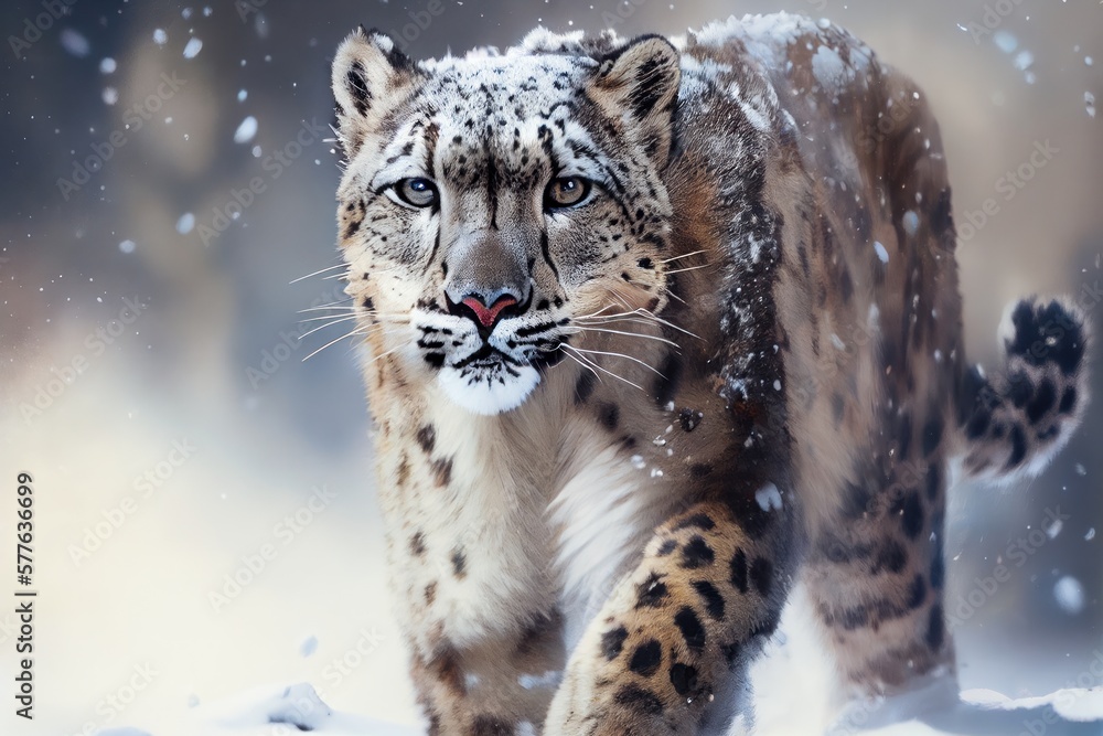 Fototapeta premium The approach of the snow leopard. Generative AI.