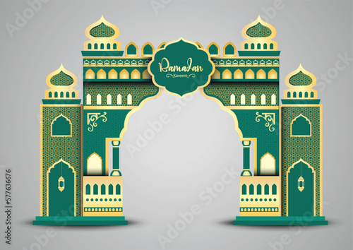 Ramadan background with golden event entrance arch, with golden arabic pattern, background for holy month of muslim community Ramadan Kareem.