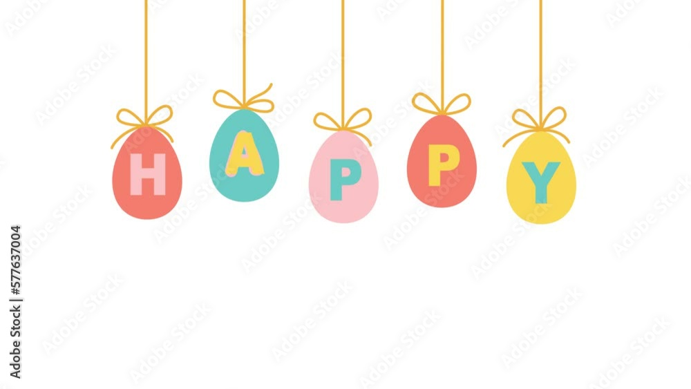 Easter eggs in a doodle style fall on top and hanging on a rope. 4K animation on a white background for text massage Easter eggs in a doodle style fall on top and hanging on a rope. 4K animation on a white background for text massage