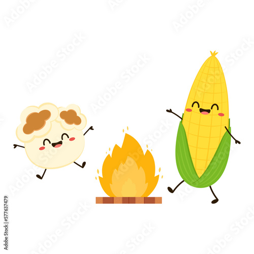 Corn and popcorn cartoon. Vector mascot, cartoon and illustration of a corn holding popcorn. Character design.