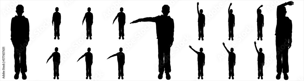 Silhouettes of teen standing, different poses. Group of people. Black silhouette isolated on white background. The teenager stands straight and raises or lowers one hand. Looking at the camera.