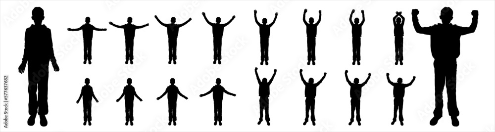 Teenage boy with arms raised high. A boy is happy. A boy raised his hands or lowered his hands. Sport. Physical exercise. Looking at the camera. Teenager's silhouettes in black color isolated on white Teenage boy with arms raised high. A boy is happy. A boy raised his hands or lowered his hands. Sport. Physical exercise. Looking at the camera. Teenager's silhouettes in black color isolated on white