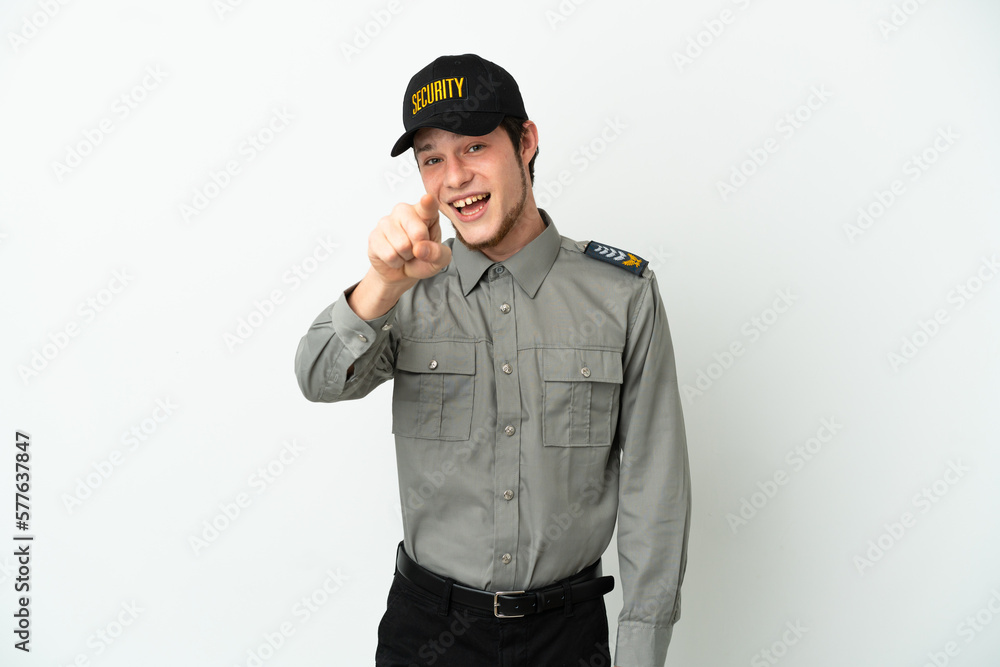 Young Russian security man isolated on white background surprised and pointing front Young Russian security man isolated on white background surprised and pointing front