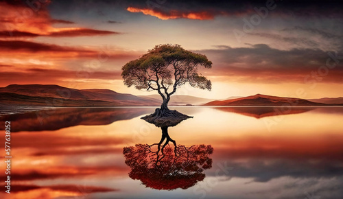 A lonely tree with its reflection on the water. Tranquility, calm, serenity concept. Created with Generative AI technology.