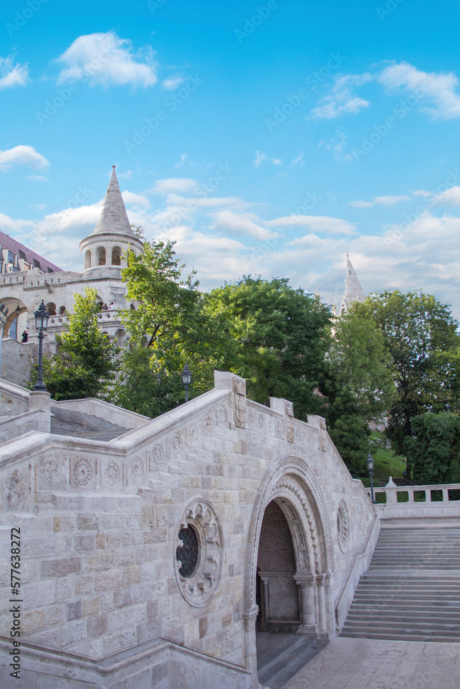 Beautiful view through the arch to the towers of the Fishermen's Bastion in Budapest, Hungary