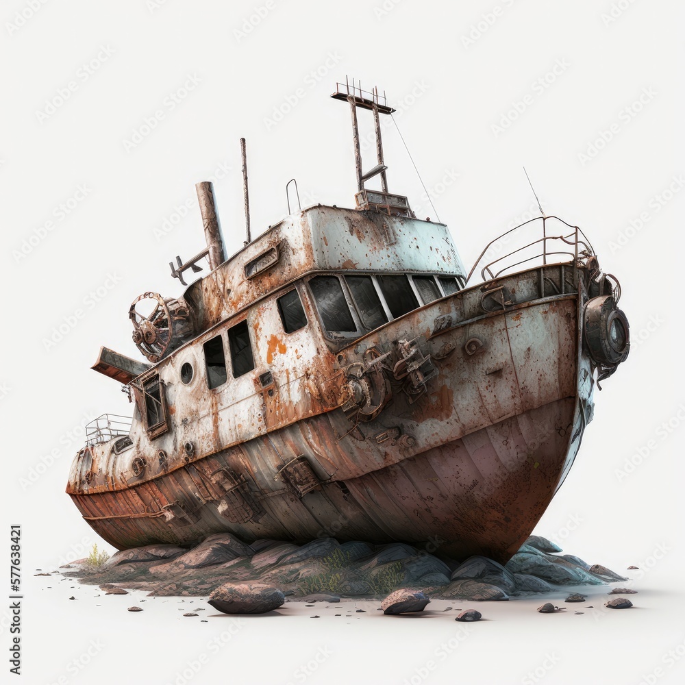 Rustic destroyed old fishing boat, post apocalypse object
