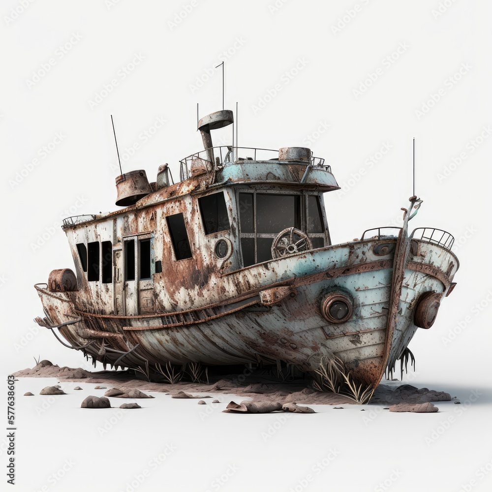 Rustic destroyed old fishing boat, post apocalypse object