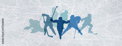 Sport banner with silhouettes hockey players on ice texture. Hockey horizontal background for placing text. 
