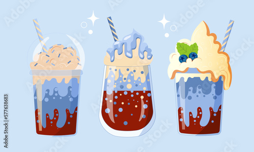 Set of Coffee with blue syrop. Coffe with blueberry, blue background