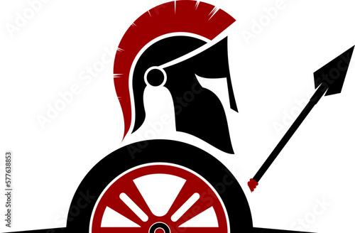 Spartan helmet with car tire and spear