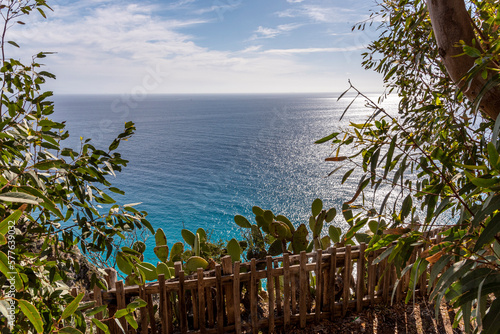 Veduta caratteristica del mare di Capo Vaticano con cornice naturale e staccionata in legno photo