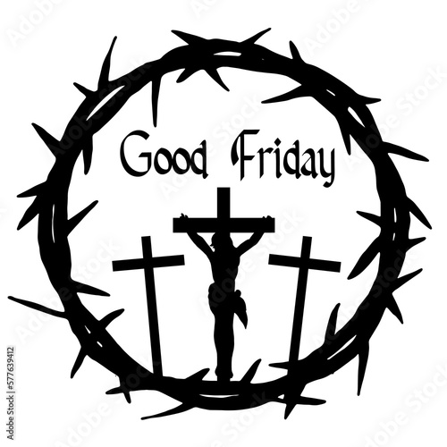 Good friday crucifixion Easter religious vector illustration - Black silhouette of Crown of thorns icon symbol and crucifix cross with jesus, isolated on white background