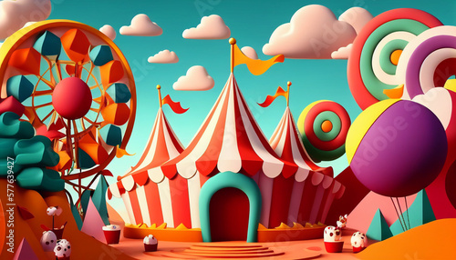 Colorful cartoon style carnival amusement park and funfair background, Generative AI